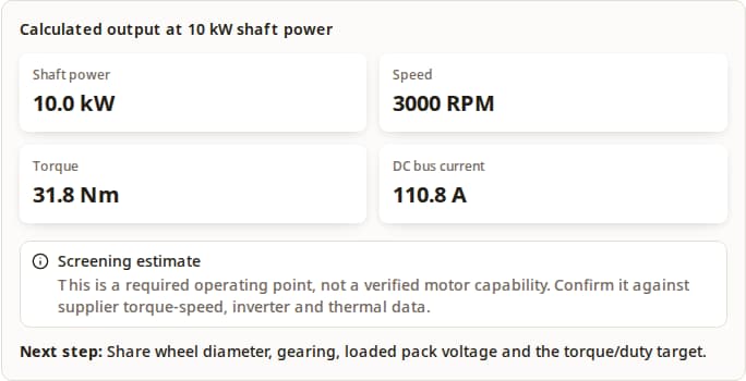Calculator result at 96V and 3000 RPM: 31.8 Nm torque and 110.8A estimated DC current