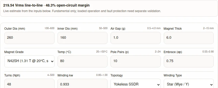 AFPM motor back EMF calculator showing the default EV winding inputs and fundamental voltage estimate