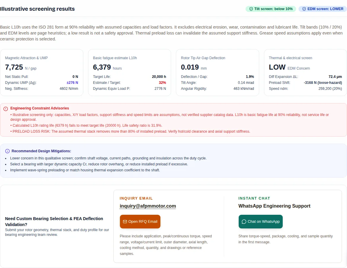 AFPM motor bearing selection calculator showing the EV traction scenario, fatigue estimate, tilt movement and preload warning